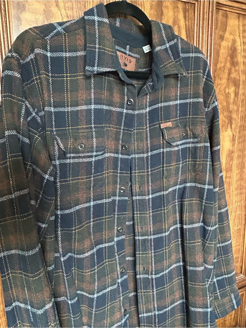 Orvis Navy, Brown and Yellow Plaid Flannel Shirt